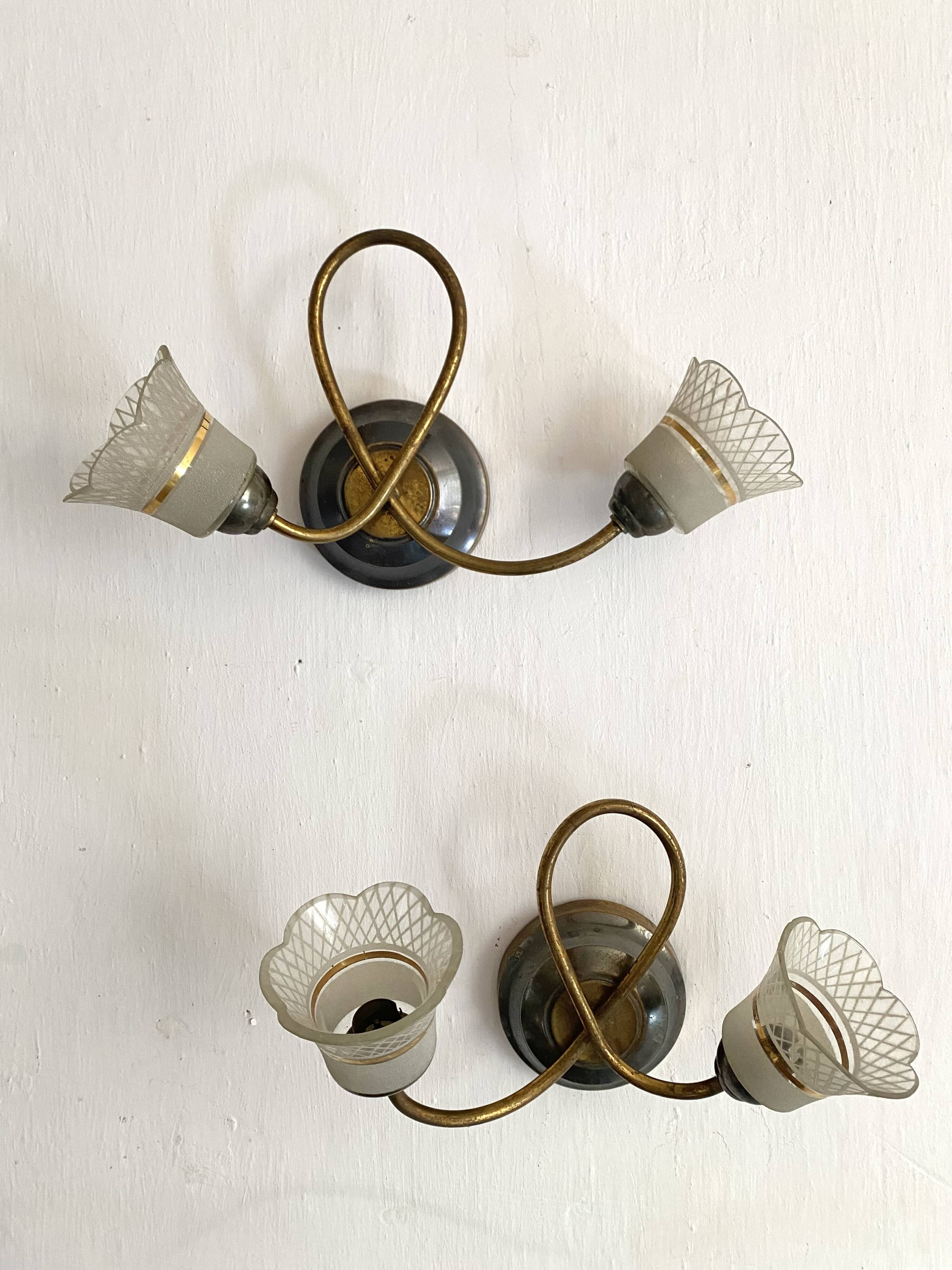 Pair of Art Deco double tulip wall lights
