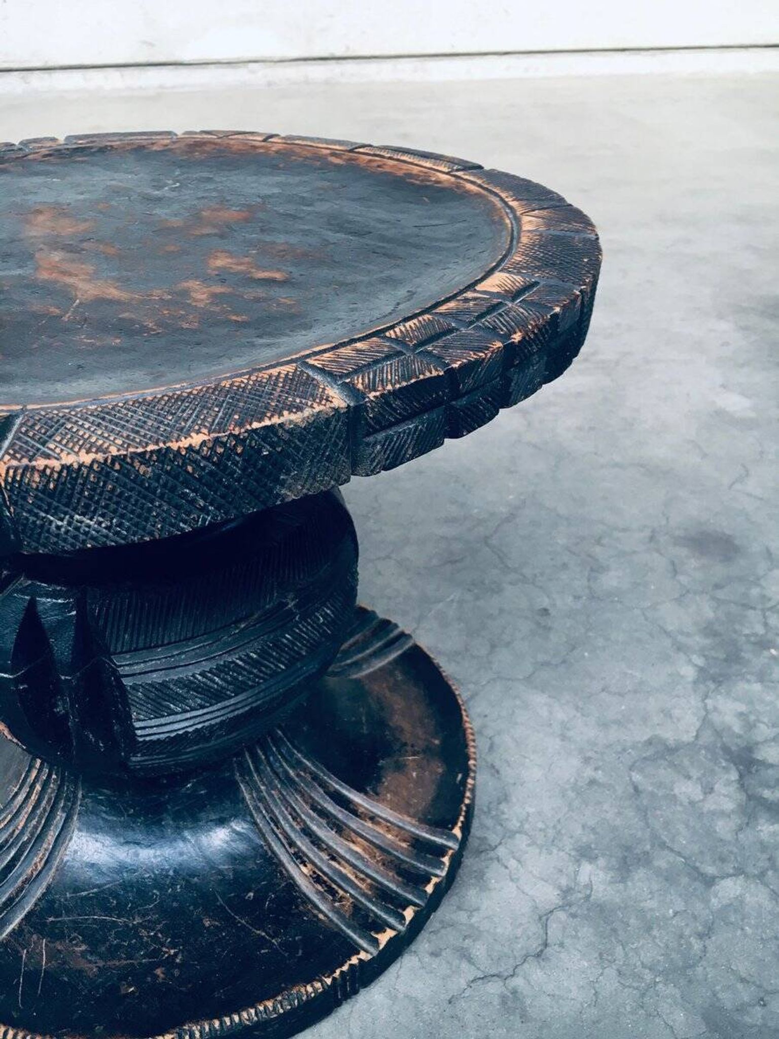 Handcrafted Low Stool in Carved Stained Wood, Africa, 1950s