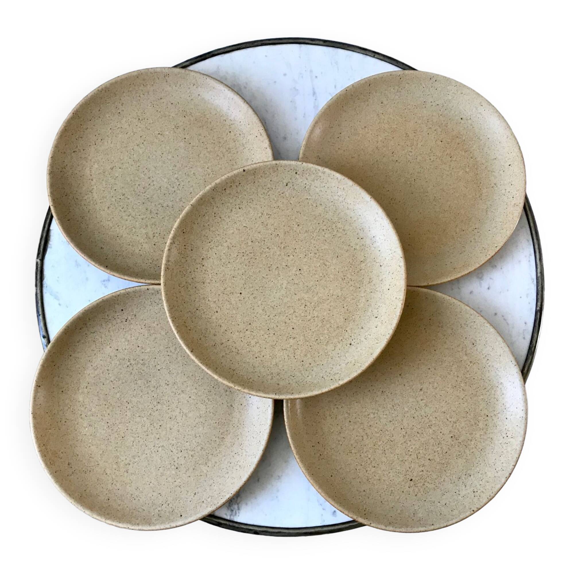 lot of 5 flat stoneware plates Made in France 70s