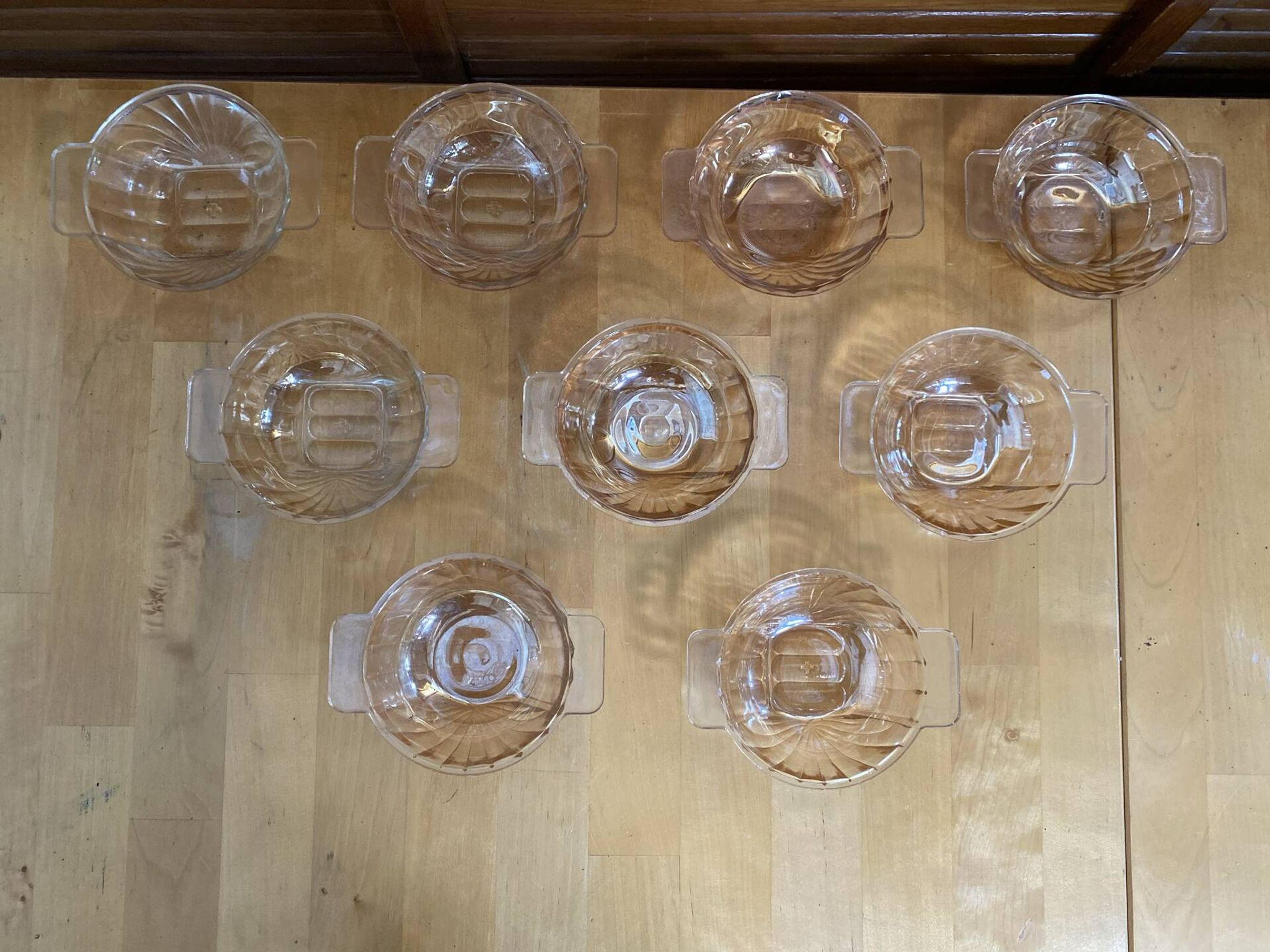 Série 9 Coupelles Bols Anciens Verre Moulé Ambré Irisé Vintage #E077