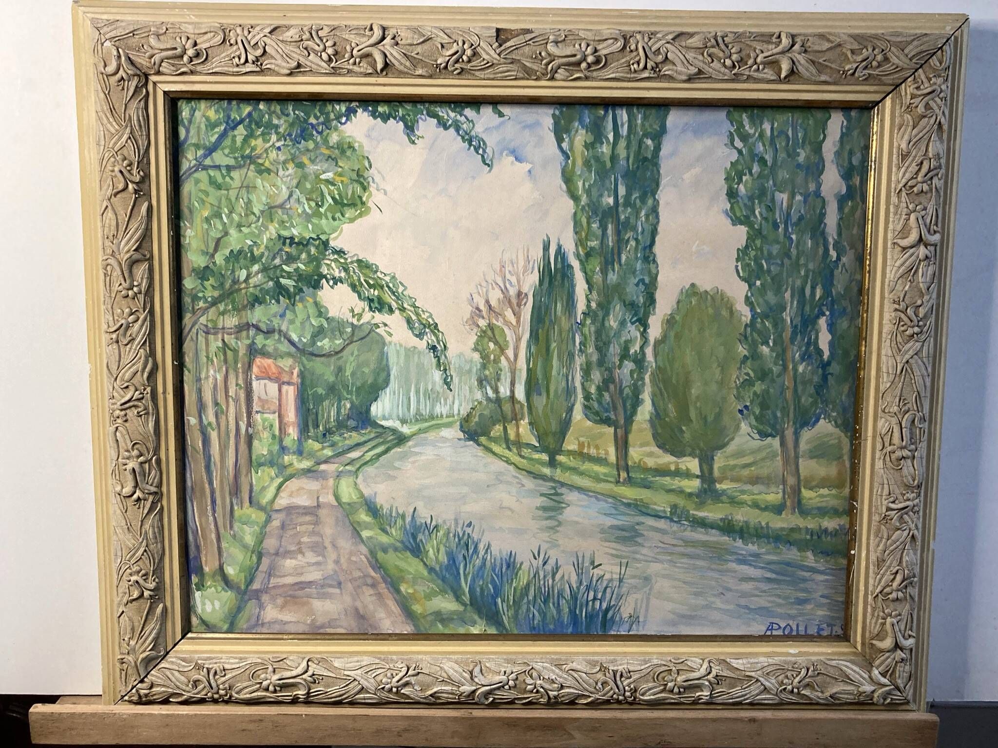 Pollet (a), aquarelle “canal au printemps” signée xxème