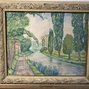 Pollet (a), aquarelle “canal au printemps” signée xxème
