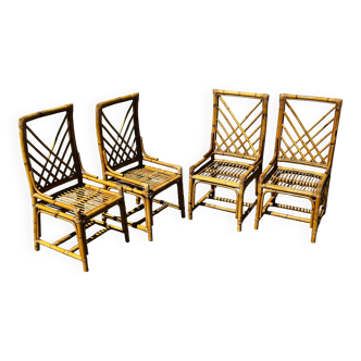 Ensemble de 4 chaises vintage en bambou et rotin Circa 1960