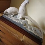 Art Deco ceramic, pair of pheasants in cracked earthenware on wooden base