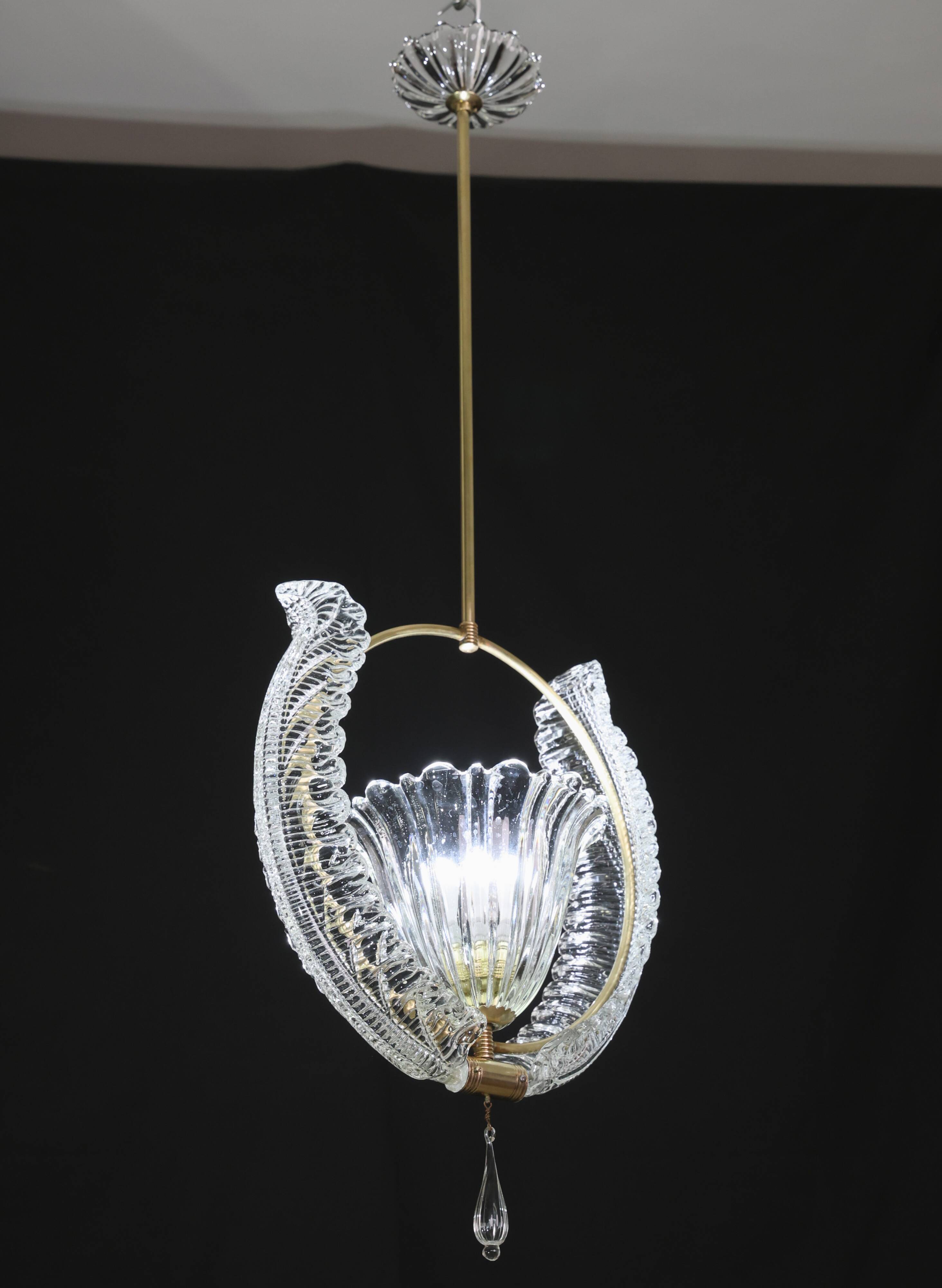 Amazing Murano Glass Art Deco Pendant Chandelier by Ercole Barovier, 1940s
