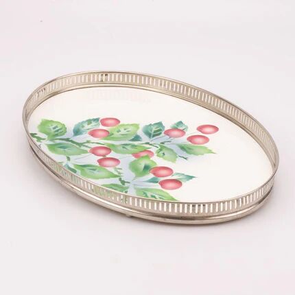 Oval Art Deco plate in earthenware and pierced metal with cherries