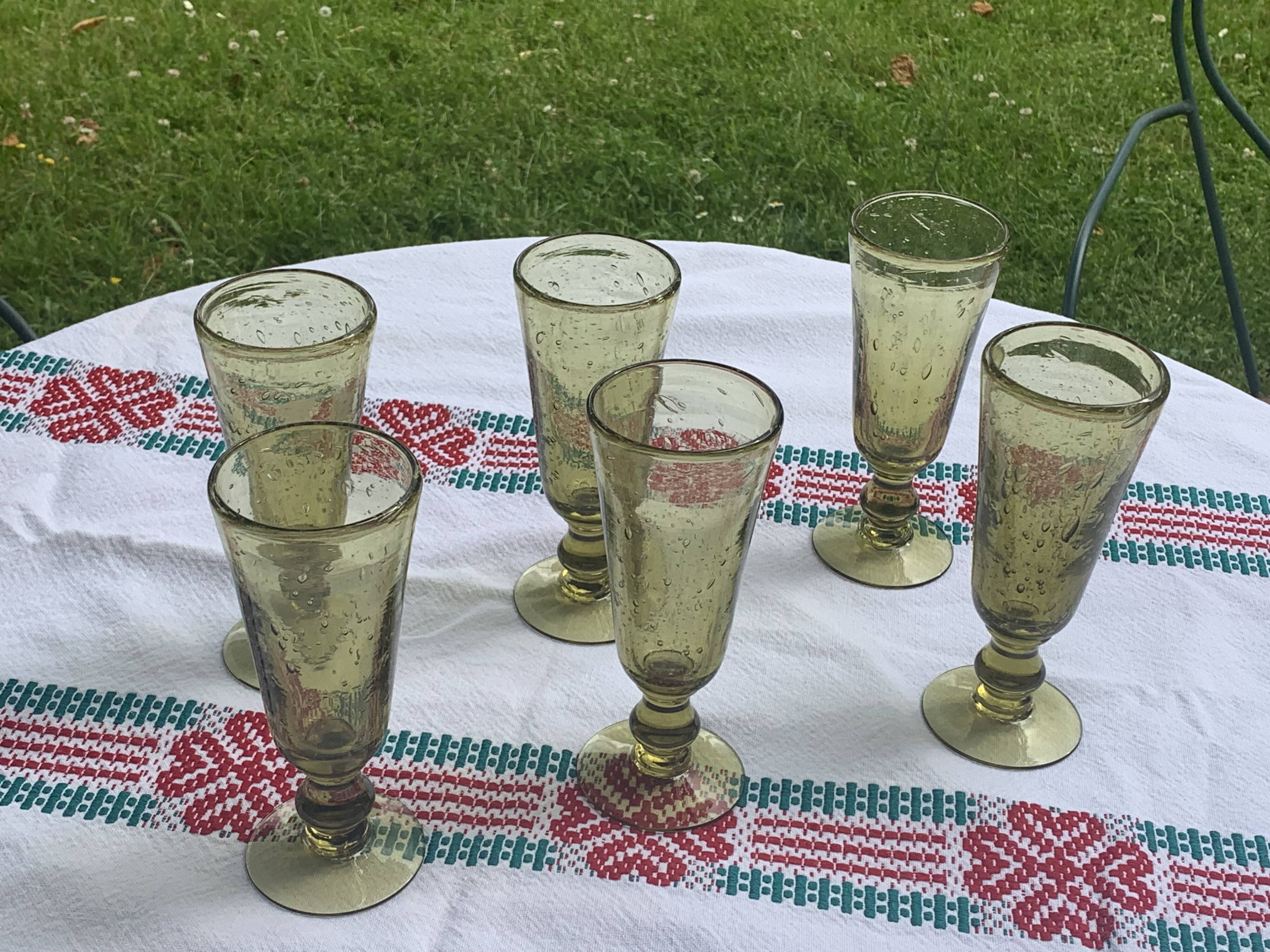 6 champagne flutes, cocktail glass, La Rochere glassware, hand-blown green glass