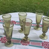 6 champagne flutes, cocktail glass, La Rochere glassware, hand-blown green glass