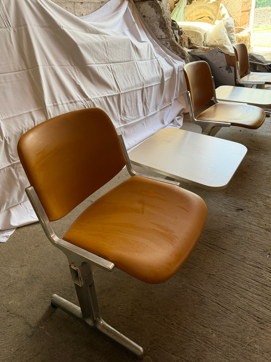 Vintage 3-seater waiting bench with integrated tables - 1970s