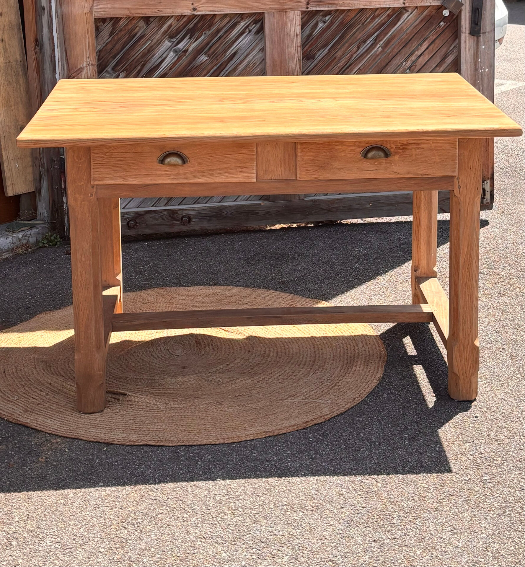 Old farmhouse table in raw solid oak with 2 drawers.