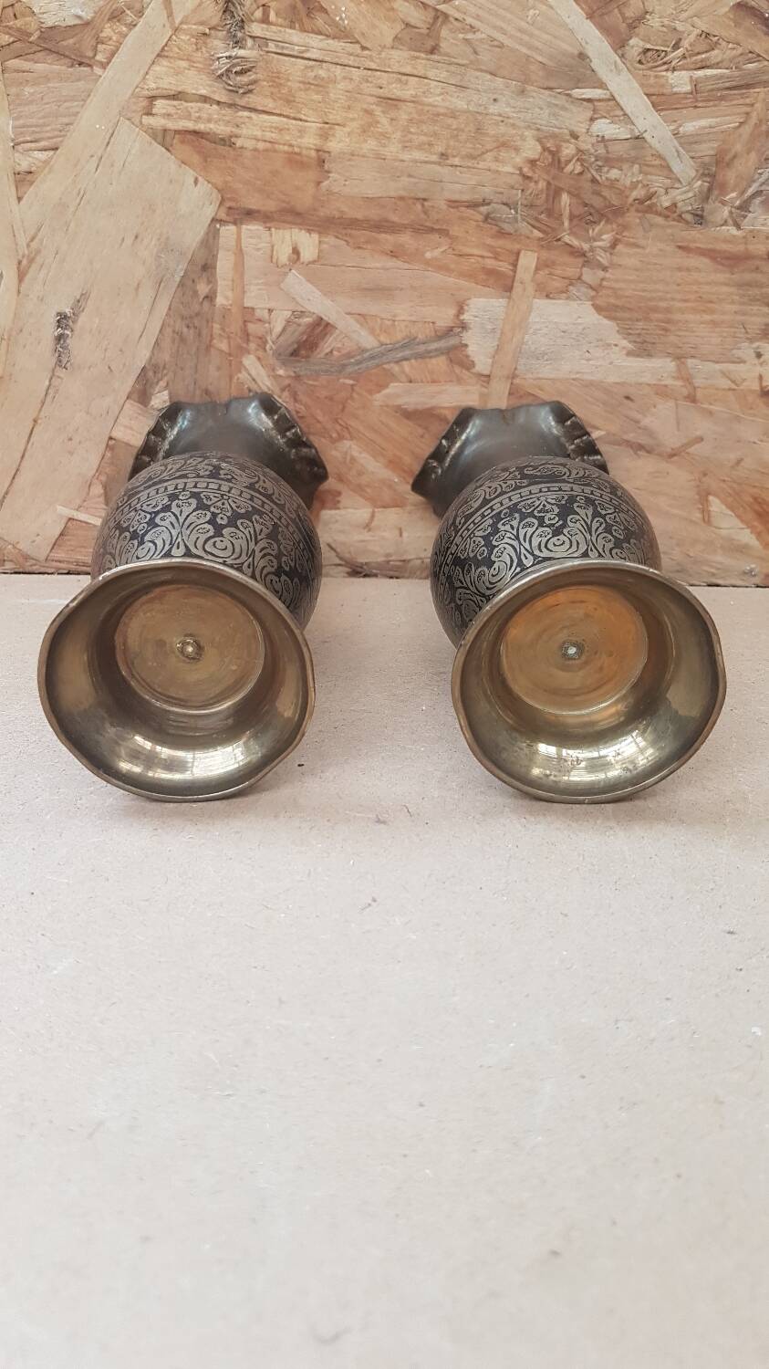 Pair of vintage painted black decor brass vase