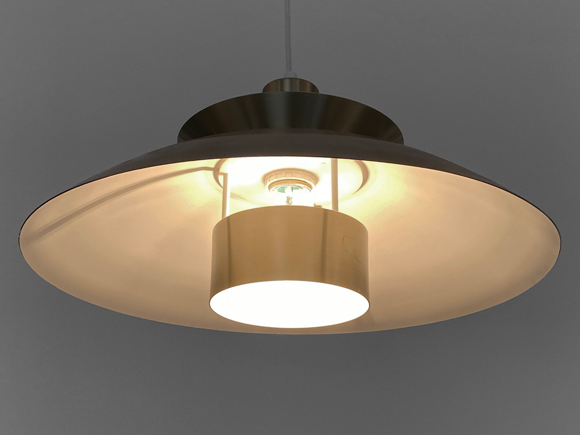 Brushed aluminum pendant light with golden finish, Denmark 1970s