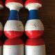 Old vintage wooden bowling game triclore plus two balls