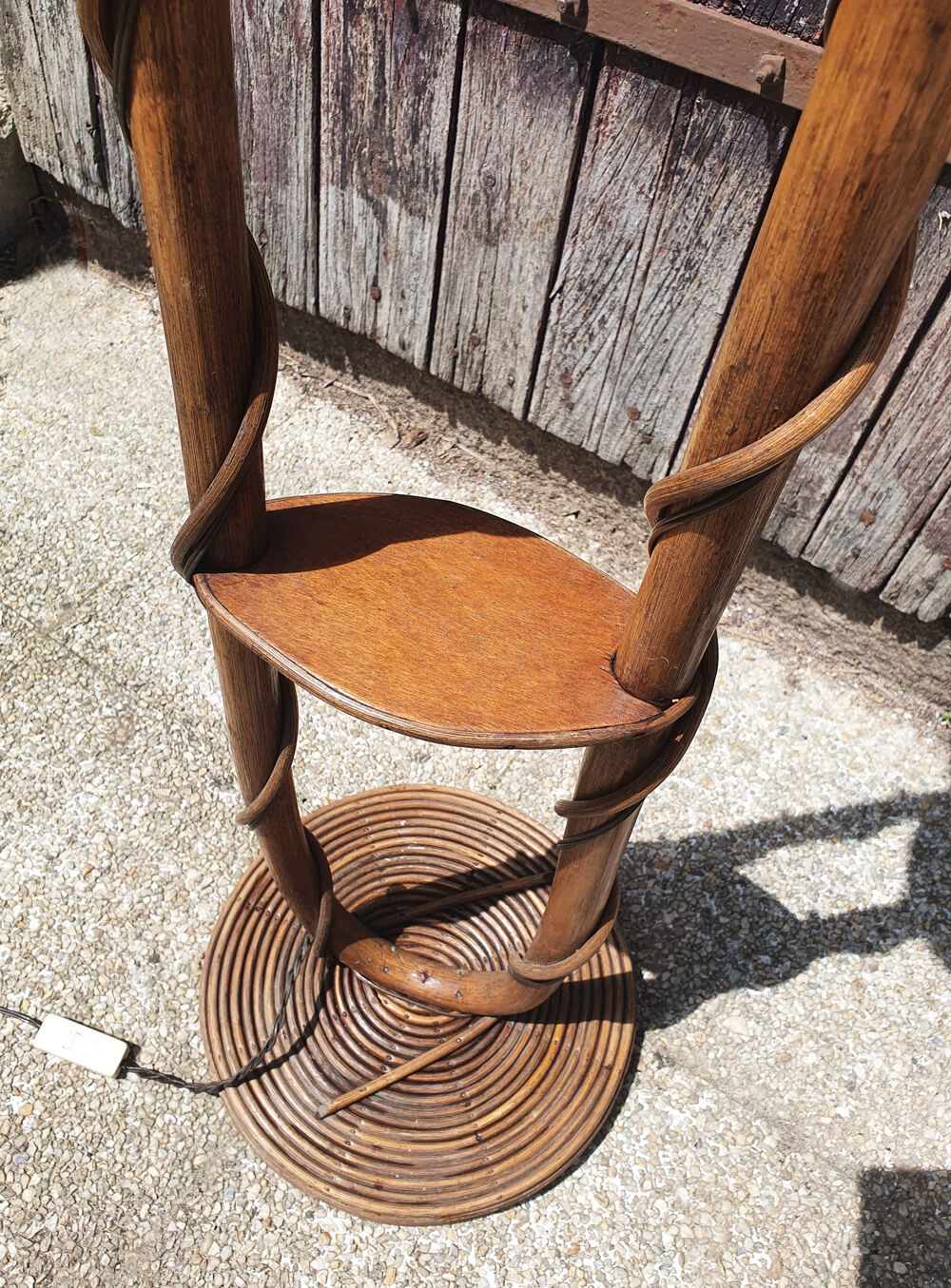Floor lamp two lights, asymmetrical, bamboo and rattan, vintage, 70s