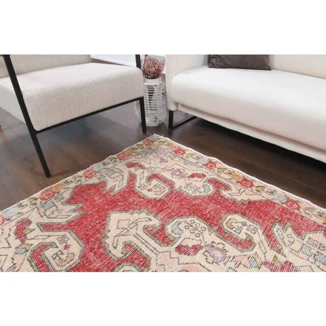 Vintage Turkish Oushak Handmade Wool Cotton Red Area Rug 127x209