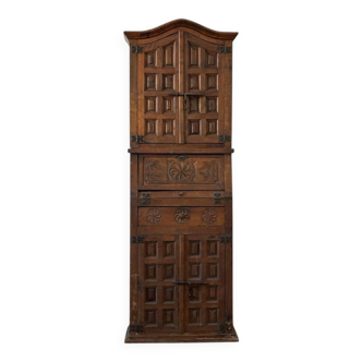 Antique Spanish wardrobe with three sections — carved drop front & wrought iron