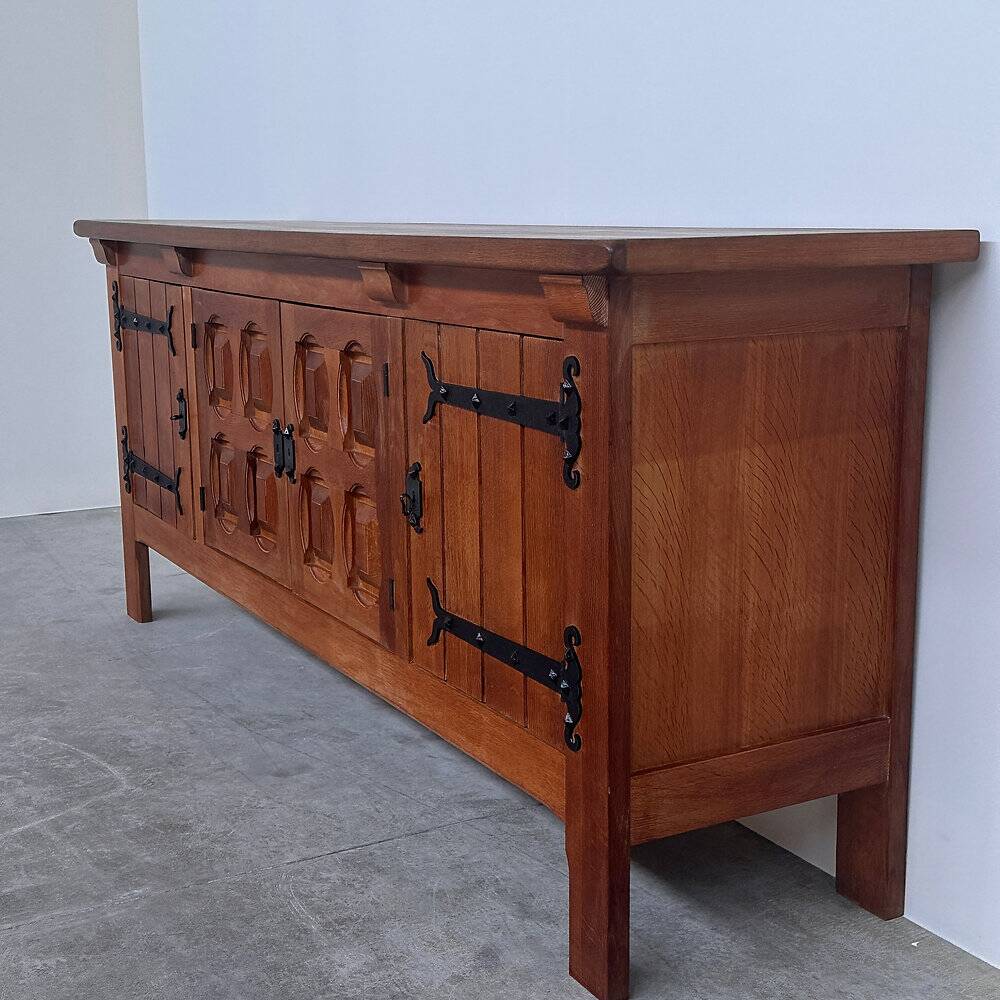 Brutalist solid oak sideboard with hand-forged iron hardware, Belgium, 1970s