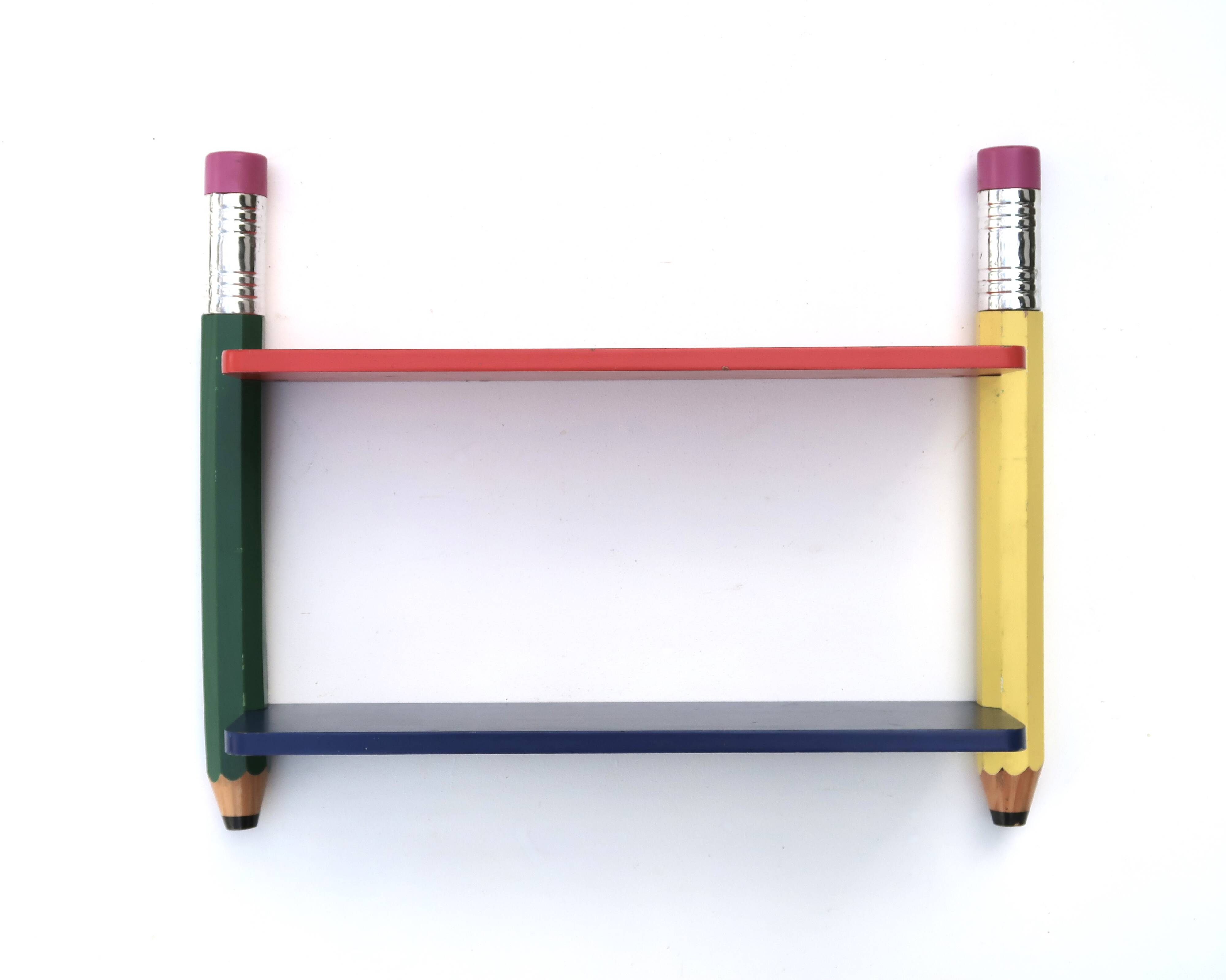 Wall shelf by Pierre Sala with giant pencils, 1980s.