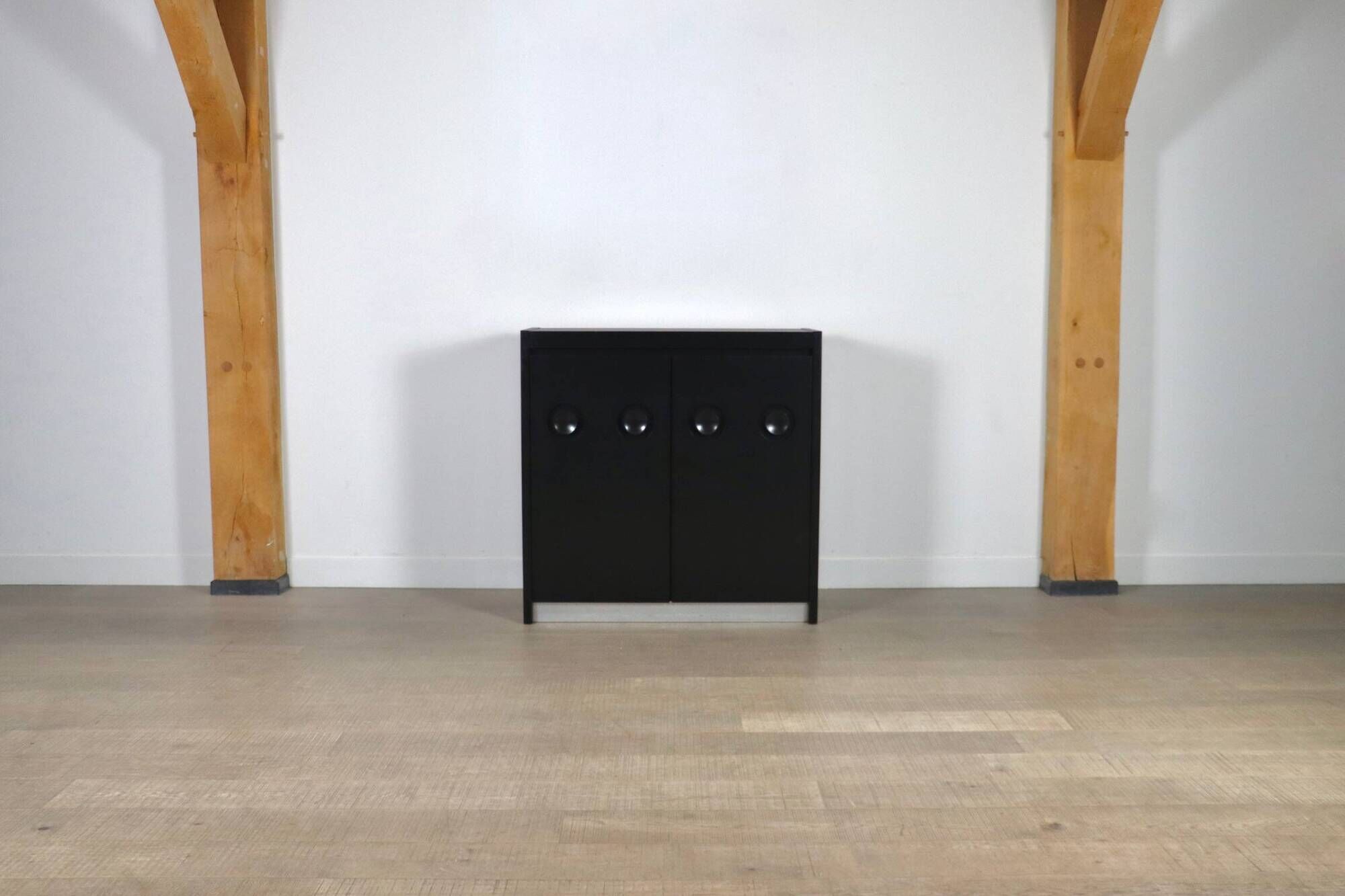 Midcentury Modern Brutalist Highboard Bar Cabinet In Black Lacquered Wood And Chrome, Belgium 1970s