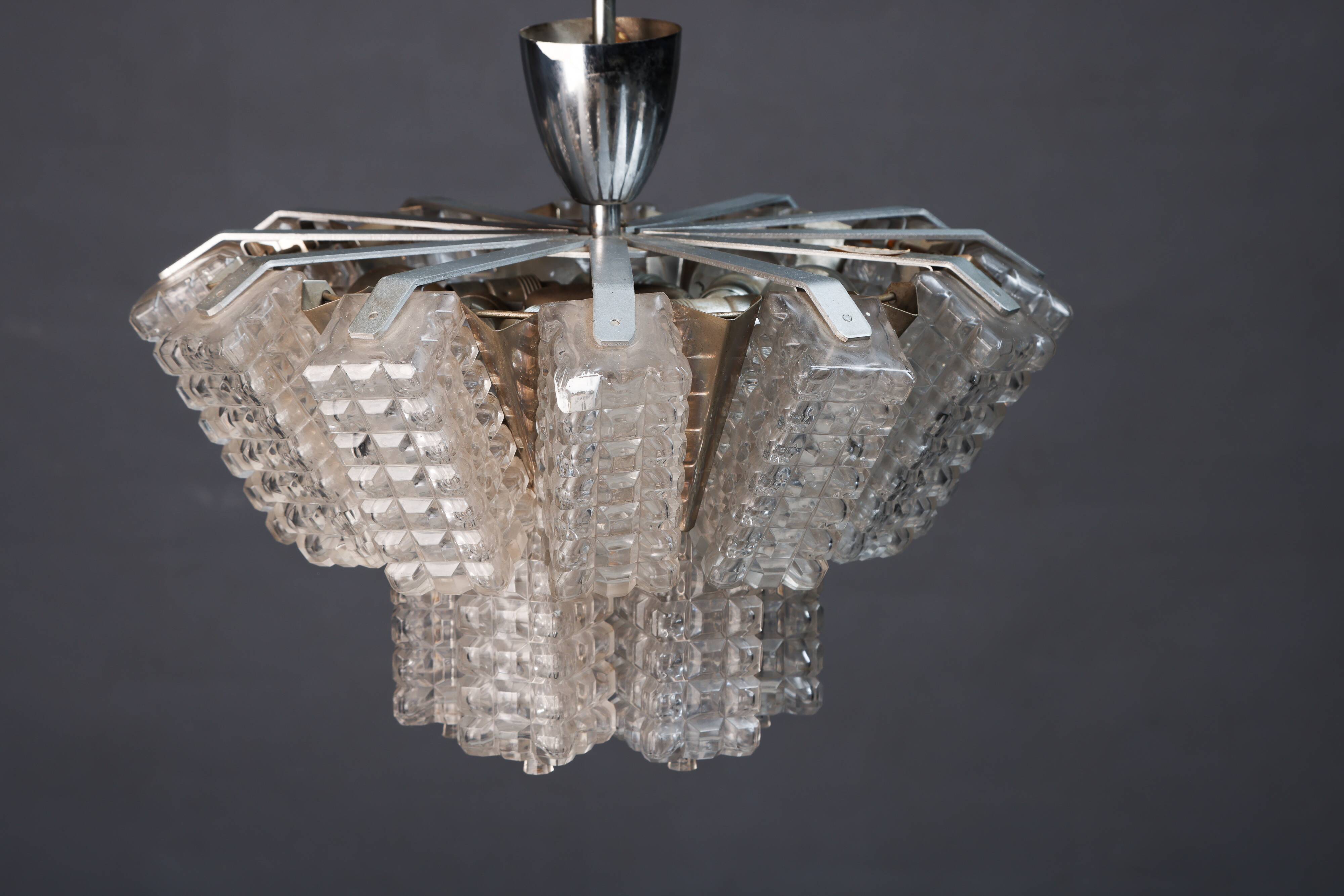 Vintage Austrolux Glass Chandelier: 1960s Mid-Century Modern Pendant Light
