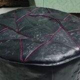 Pouf noir, pouf marocain en vrai cuir, ottoman, repose pied en cuir