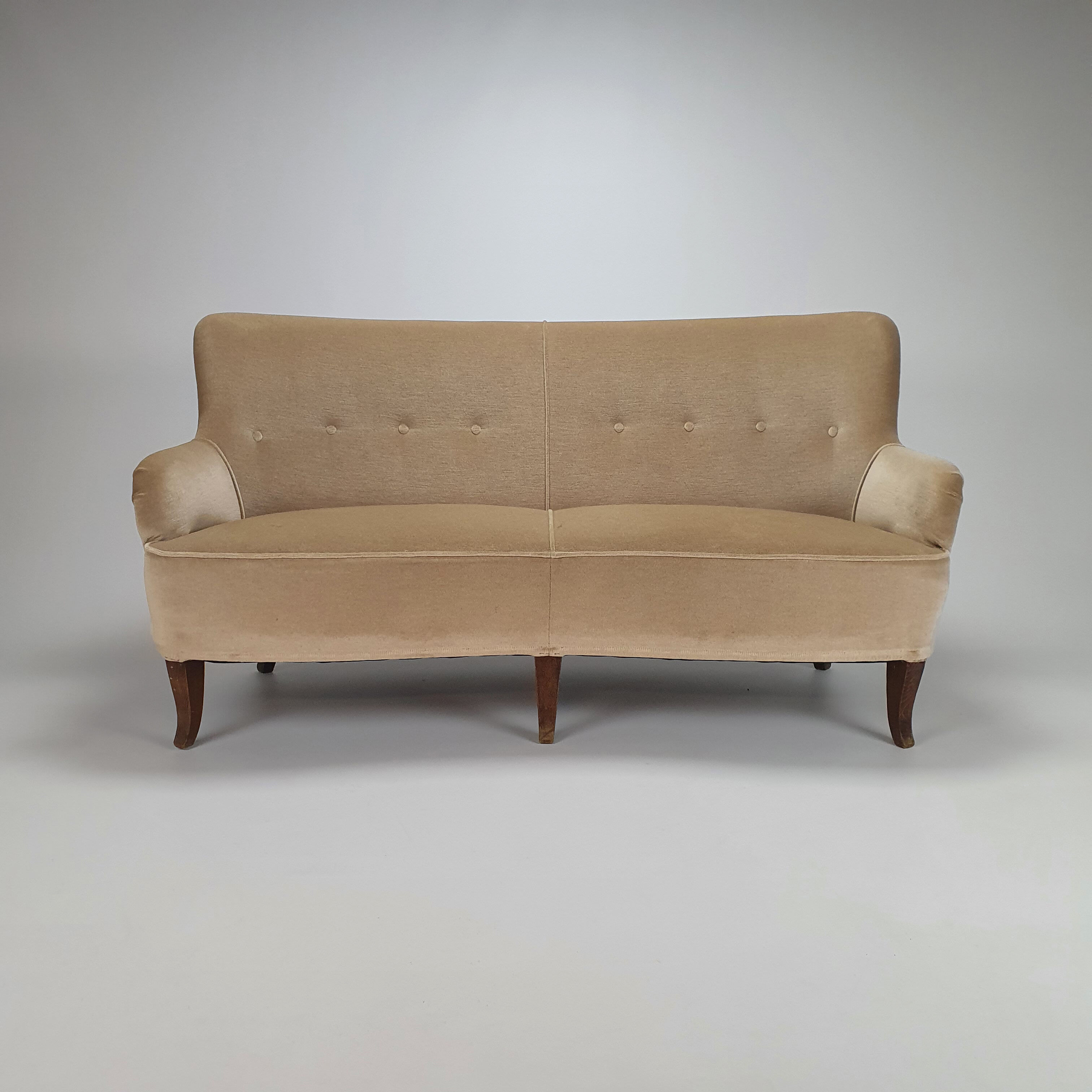 Set of 3 mid century design chairs and sofa, velours, 1950s