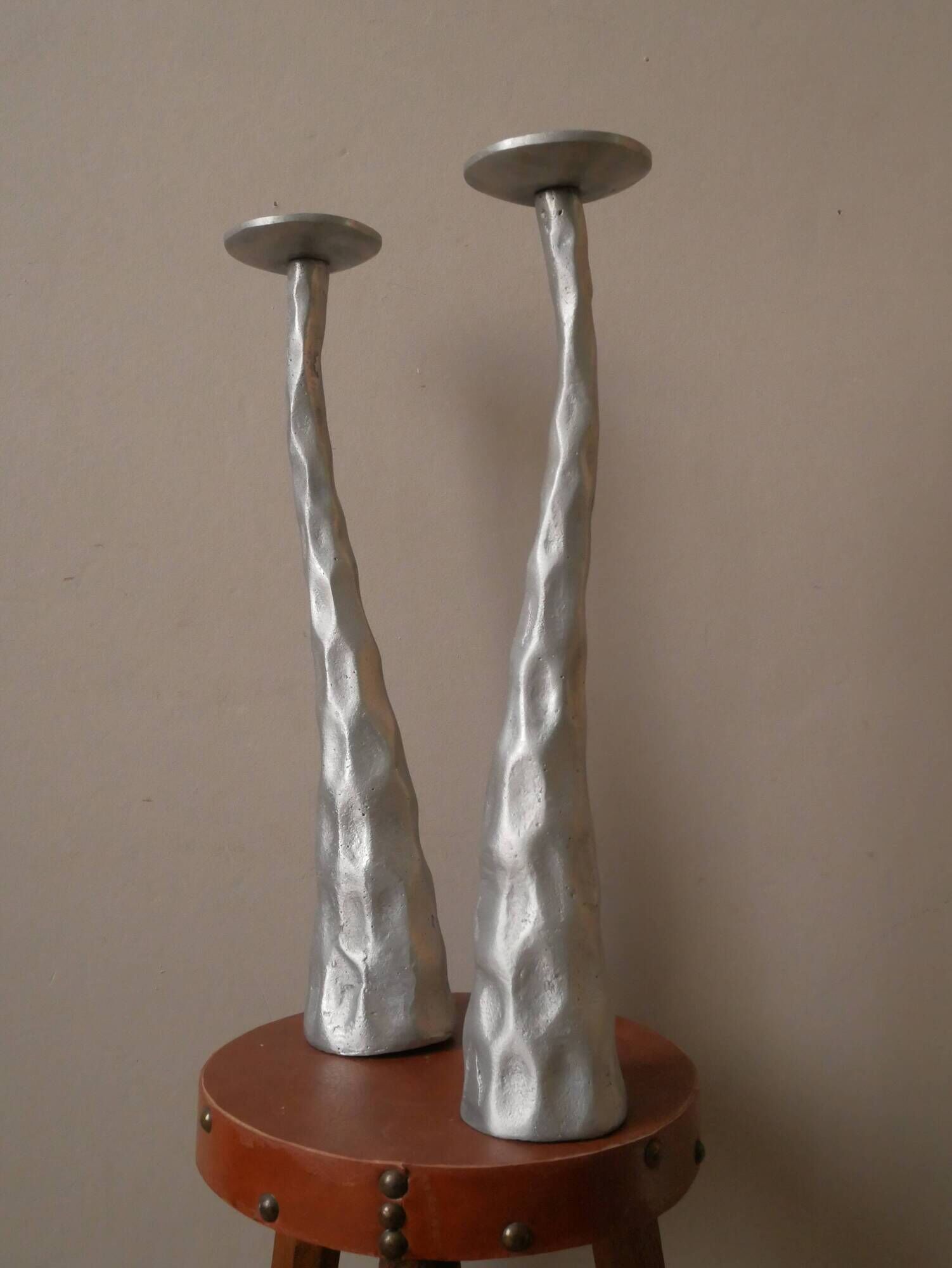 Pair of brushed aluminum candle holders sculpted contemporary brutalist design handmade sculptures
