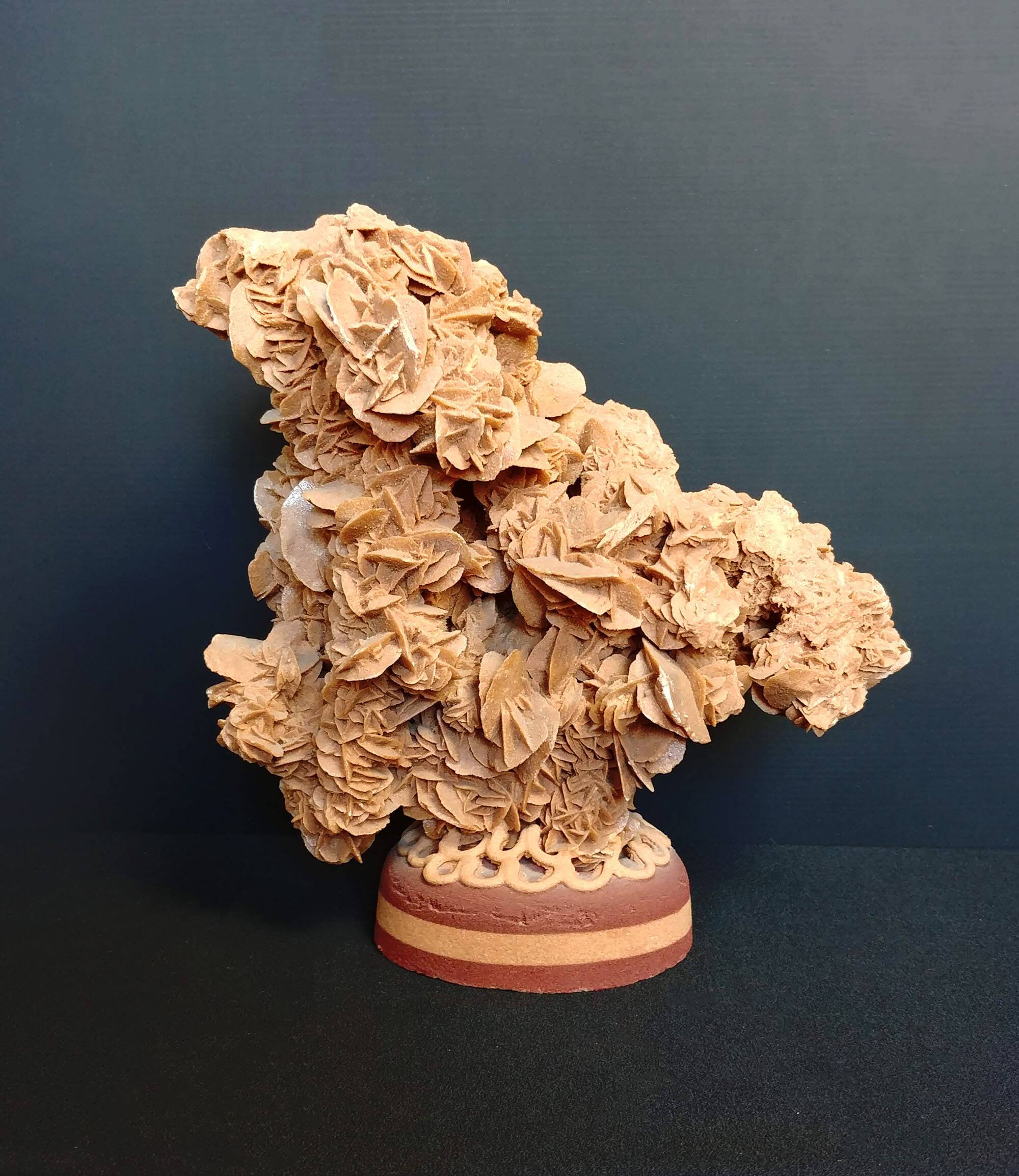 Exceptional rose des sables on a trimmed stem.