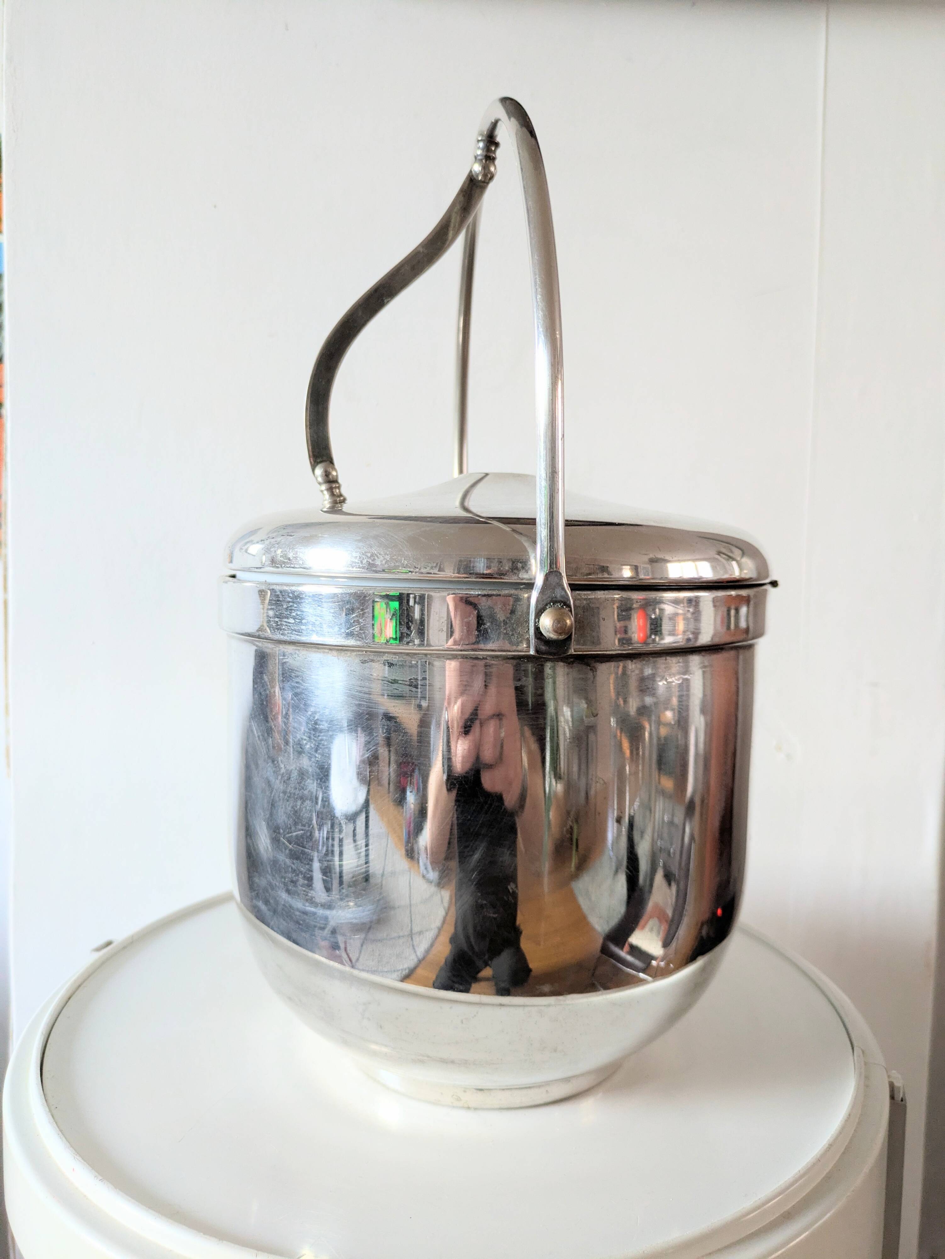 Sheffield Silver Ice Bucket in silver metal with hinged lid