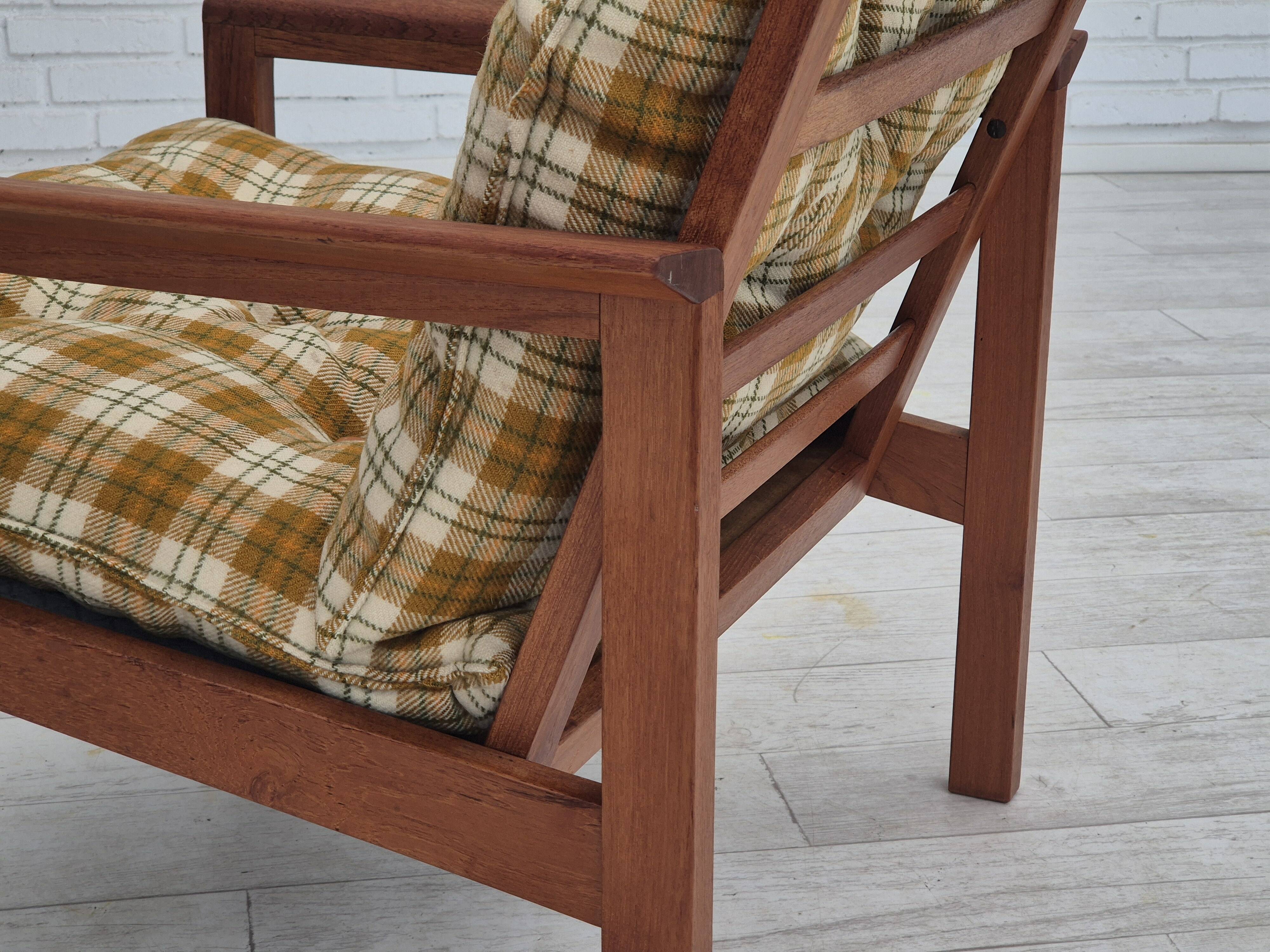 1970s, Danish lounge chair, original condition, furniture wool fabric, teak wood.