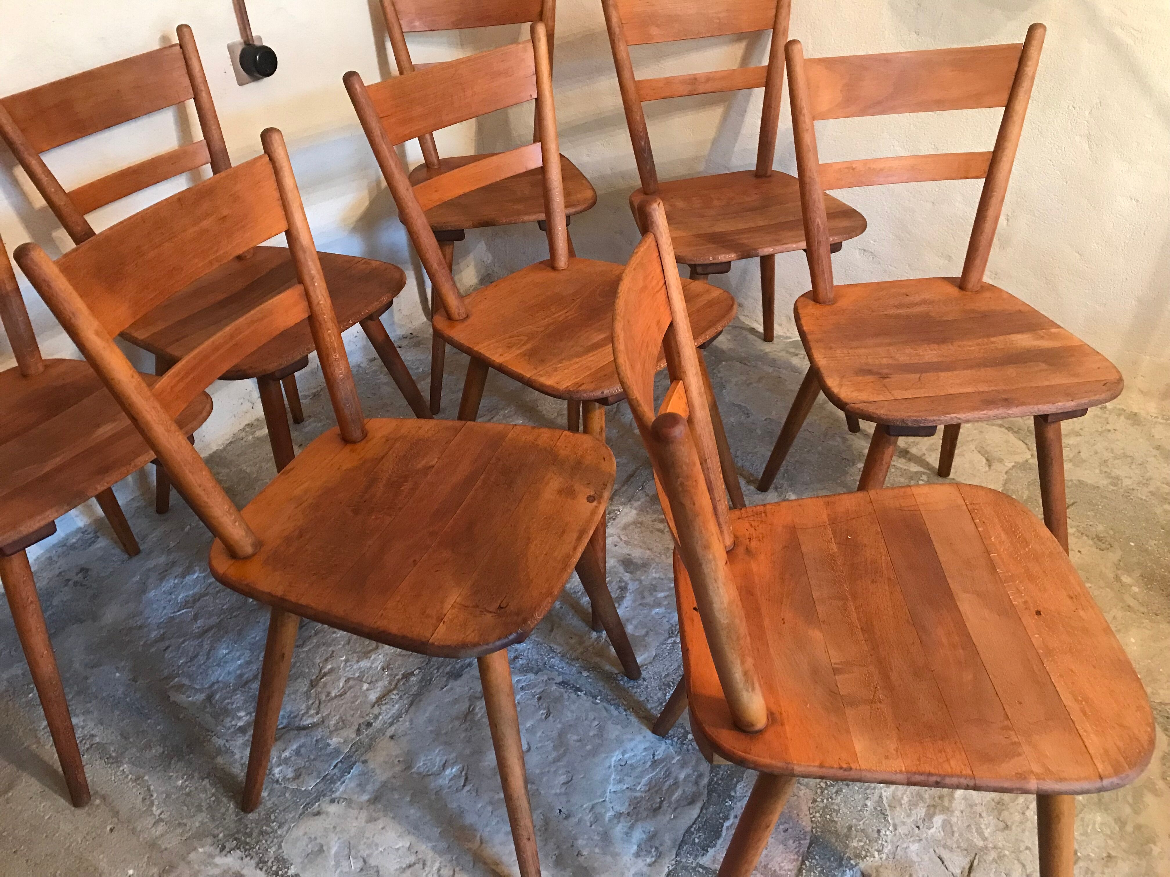Set of 6 vintage solid wood chairs with compass legs 1960's