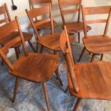 Set of 6 vintage solid wood chairs with compass legs 1960's