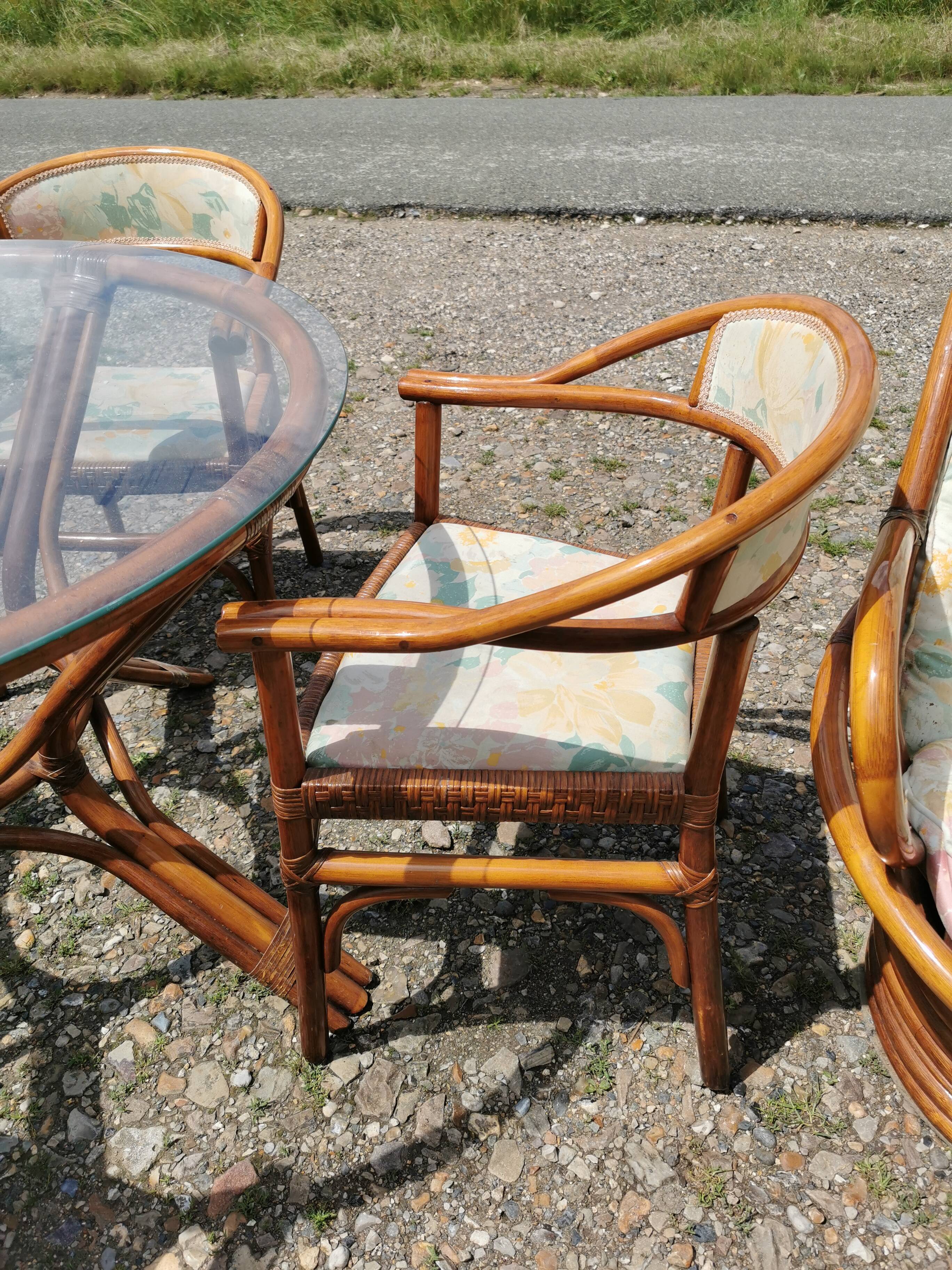 Rattan garden furniture, table, chairs and armchairs