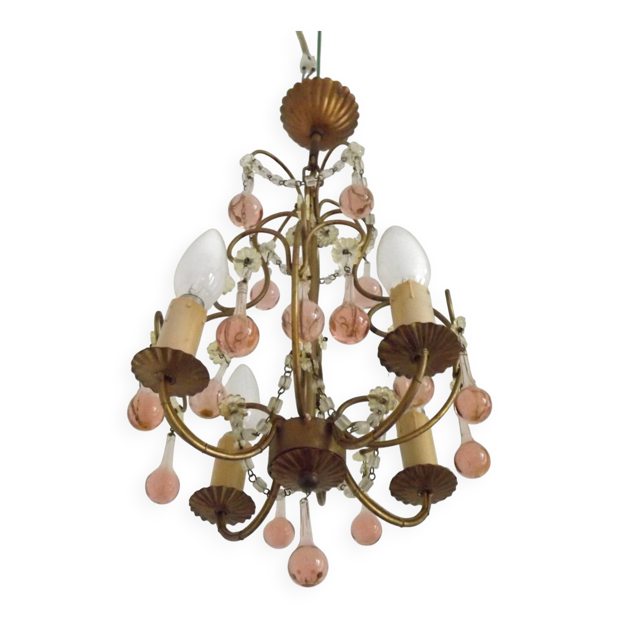 French Vintage 4 Light Metal Cage Chandelier with Bead Swag and Pink Murano Drops
