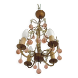 French Vintage 4 Light Metal Cage Chandelier with Bead Swag and Pink Murano Drops