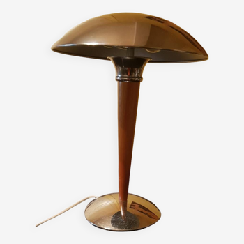 Mushroom "liner" lamp in wood and chrome metal.