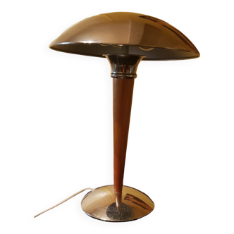 Mushroom "liner" lamp in wood and chrome metal.