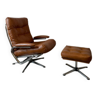 Fauteuil lounge vintage inclinable et son repose-pieds