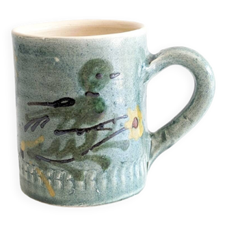 Handcrafted glazed ceramic mug signed. Saint Jorioz.