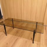 Rectangular coffee table with metal & brass foot and smoked glass, vintage 70s