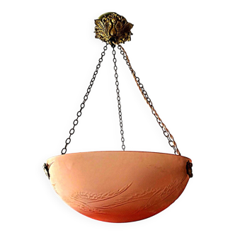 Lampe signée legras, vasque en pâte de verre "hirondelles" gravées avec sa monture en bronze
