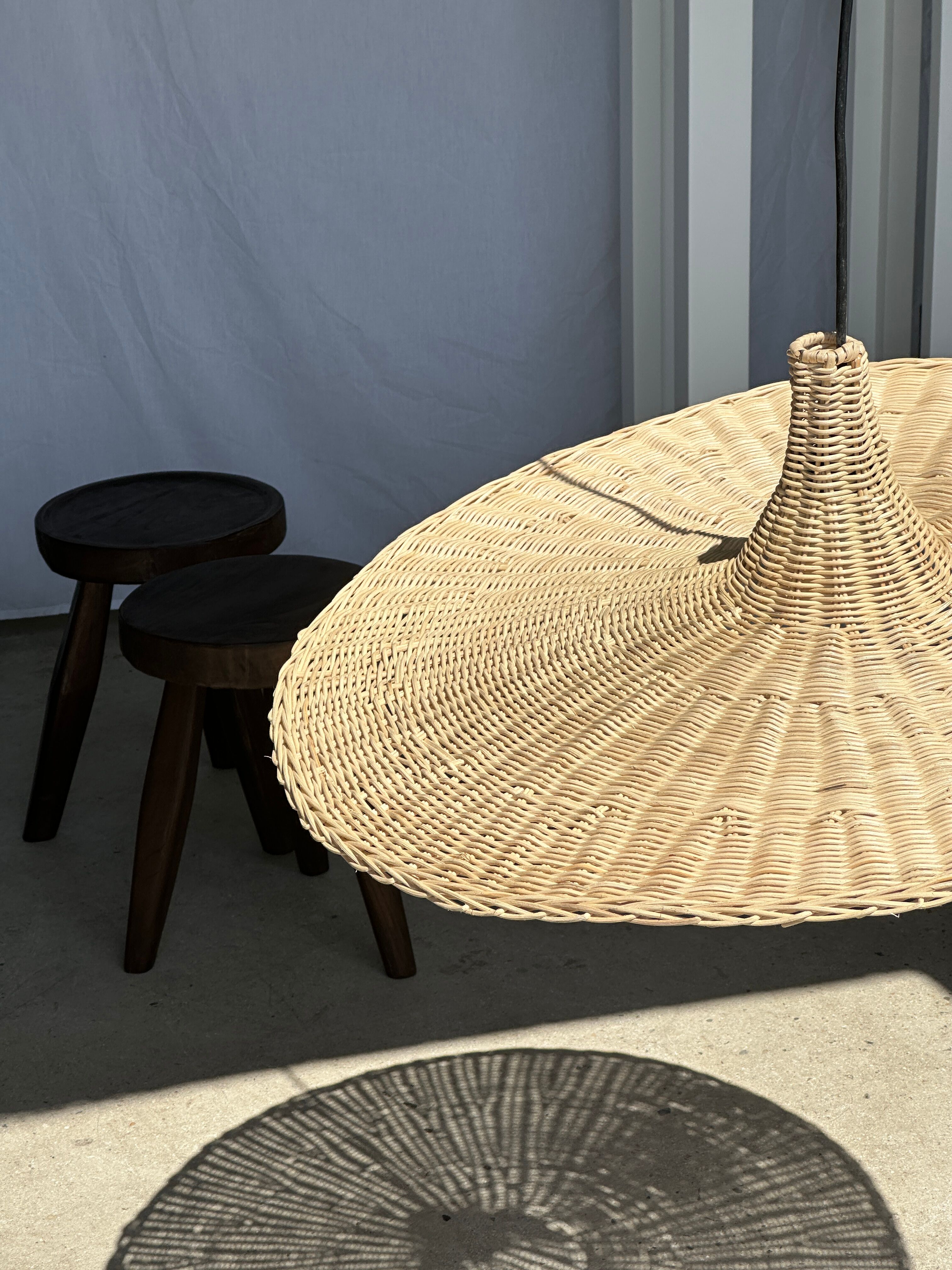 Large suspension, rattan luminaire in hat shape D:80cm
