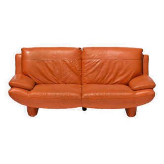 Orange leather 2-seater sofa