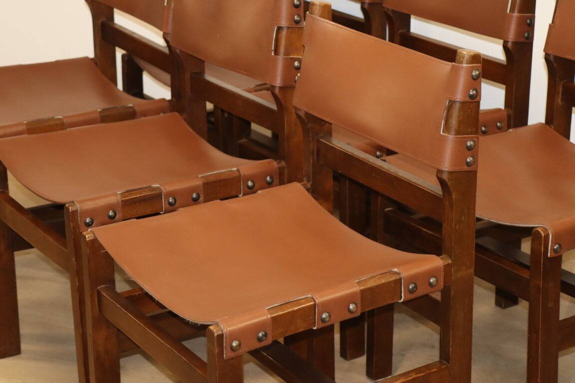 Series of 6 vintage Maison Regain chairs in leather and wood, 1960s