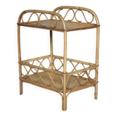 Vintage rattan serving table, two-tier side table.