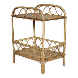 Vintage rattan serving table, two-tier side table.