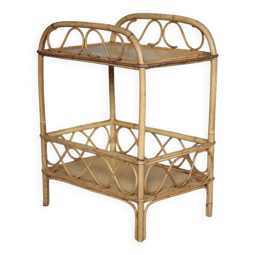 Vintage rattan serving table, two-tier side table.