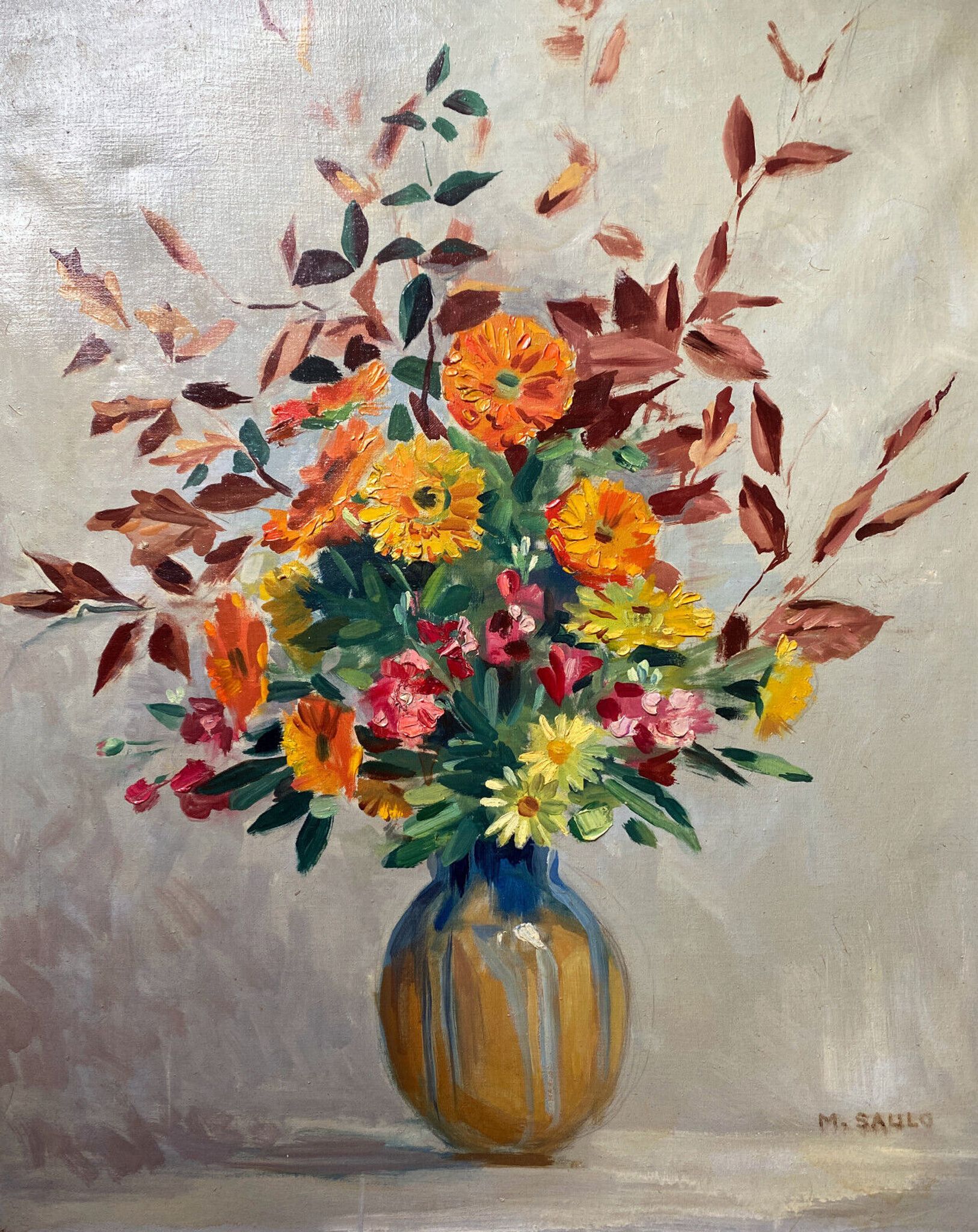 Painting "Flowers in vase" signed M. Saulo, circa 1950 frame