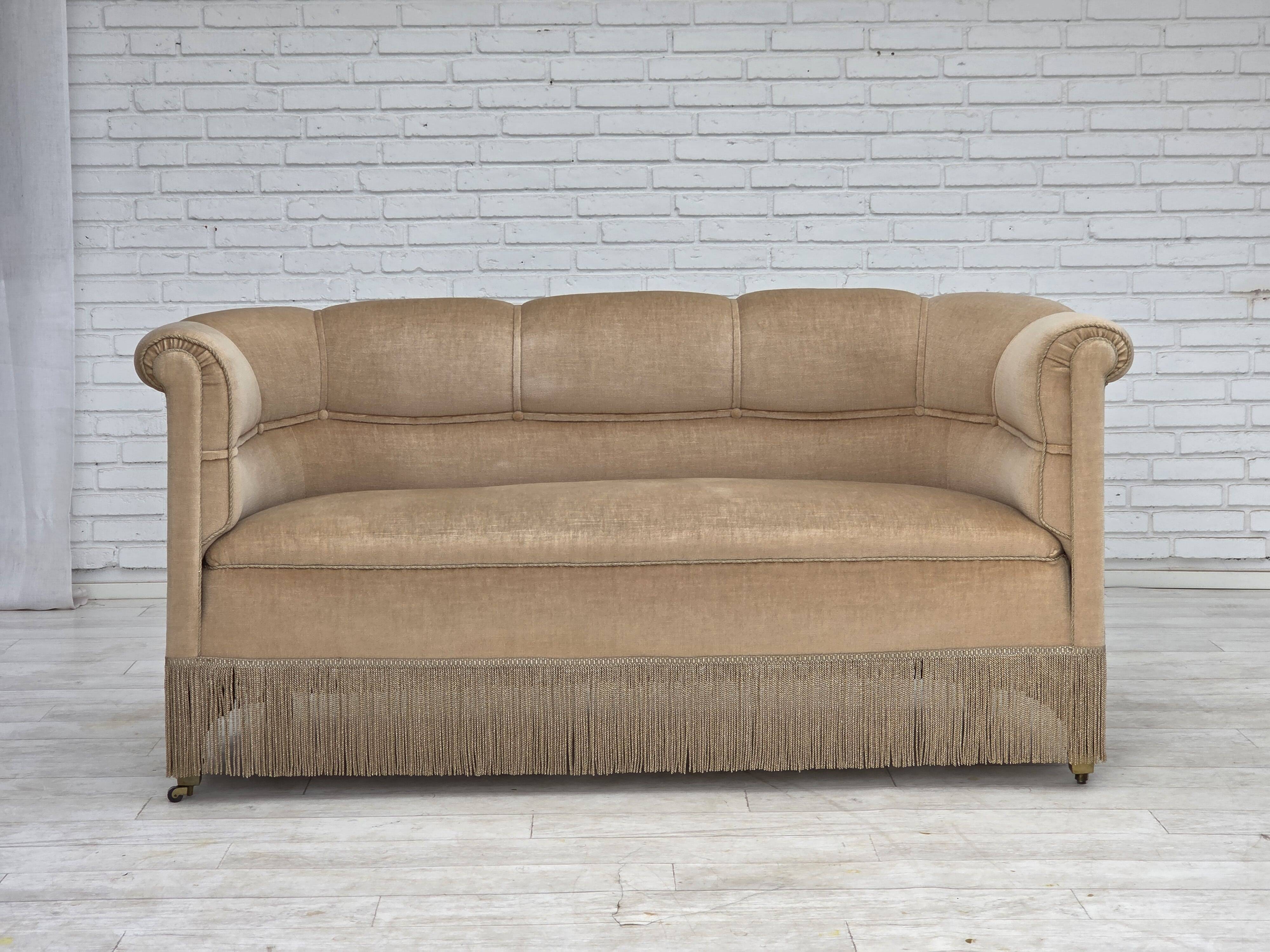 1950s, Danish 2-seater sofa, furniture velour, teak wood legs.