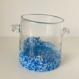 Cylindrical vase with handles in colorless glass splashed with blue and white in the lower part